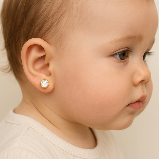 Aros de Oro 18K Modelo Tubo con Circón para Bebés y Niñas - 4.5mm