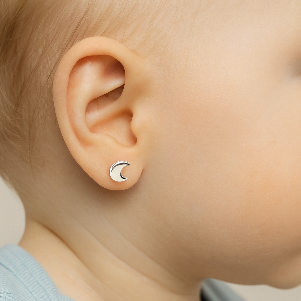 Aros Abridores de Plata 925 para Bebé Diseño Luna (5x4mm)