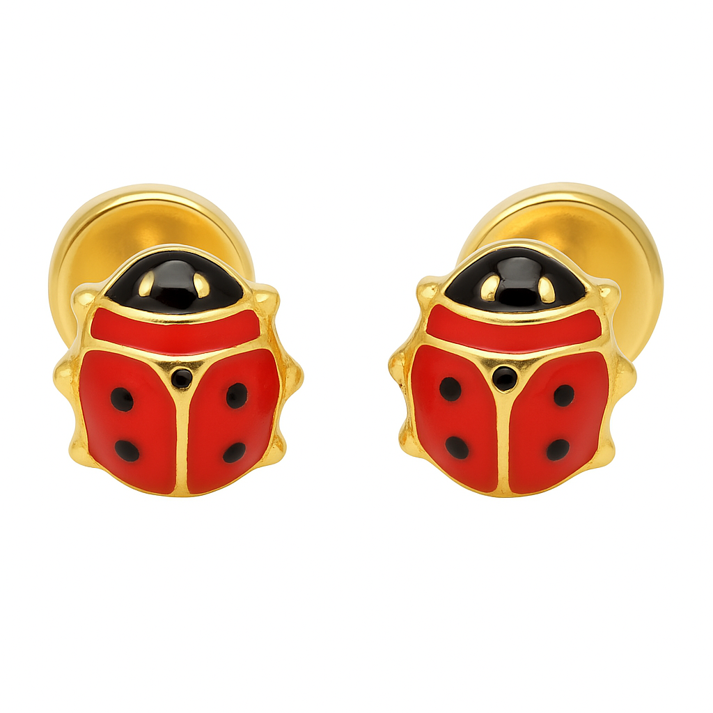 Aros abridores de oro 18K modelo chinita esmaltados rojo y negro 6x5 mm con cierre seguro, para niñas desde 1,5 años