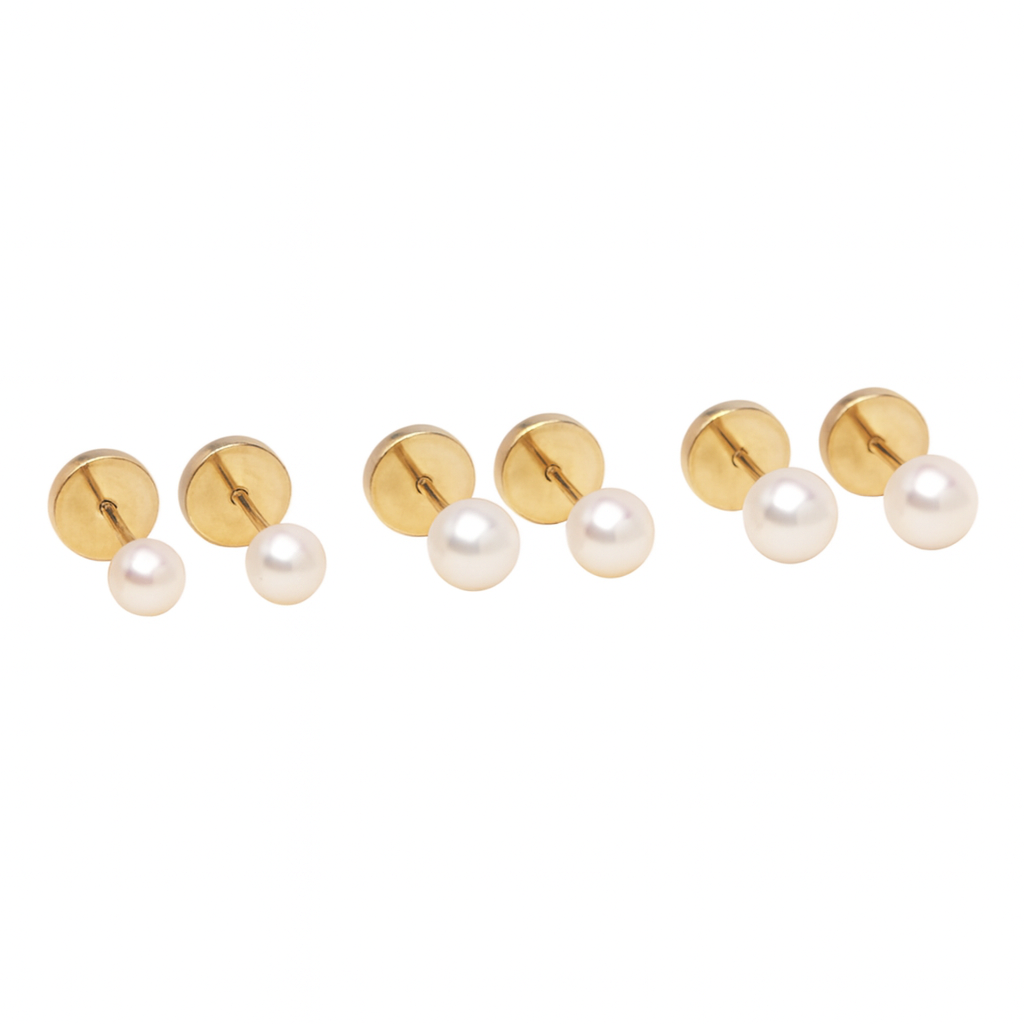 Aros de oro 18K para bebé con perla cultivada y tornillo laminado en oro, modelo abridor hipoalergénico