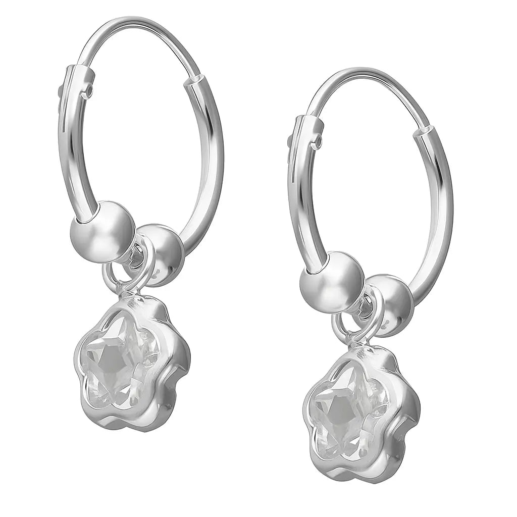 Argolla De Plata Para Niña de 12 mm Con Flor de Circón - Aros Desde Bebé – Joyería Infantil en Oro 18k y Plata 925