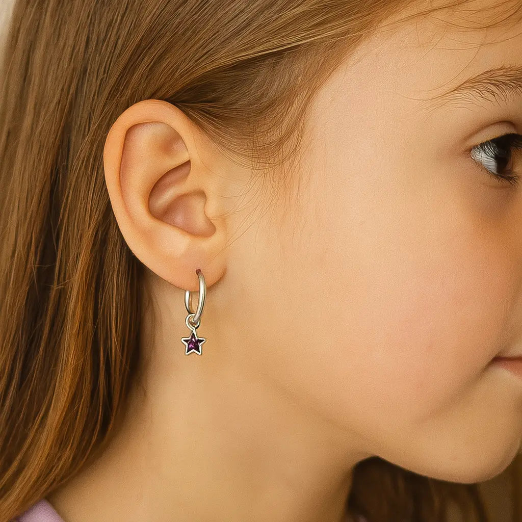 Argolla De Plata Para Niñas Estrella Circón Amatista 12 mm - Aros Desde Bebé – Joyería Infantil en Oro 18k y Plata 925