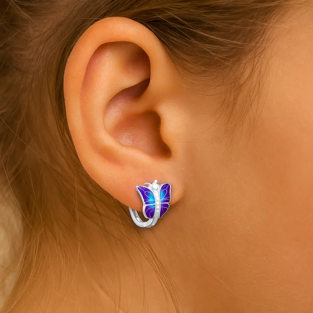 Argolla De Plata Para Niñas Mariposa Esmaltada y Circónes - Aros Desde Bebé – Joyería Infantil en Oro 18k y Plata 925