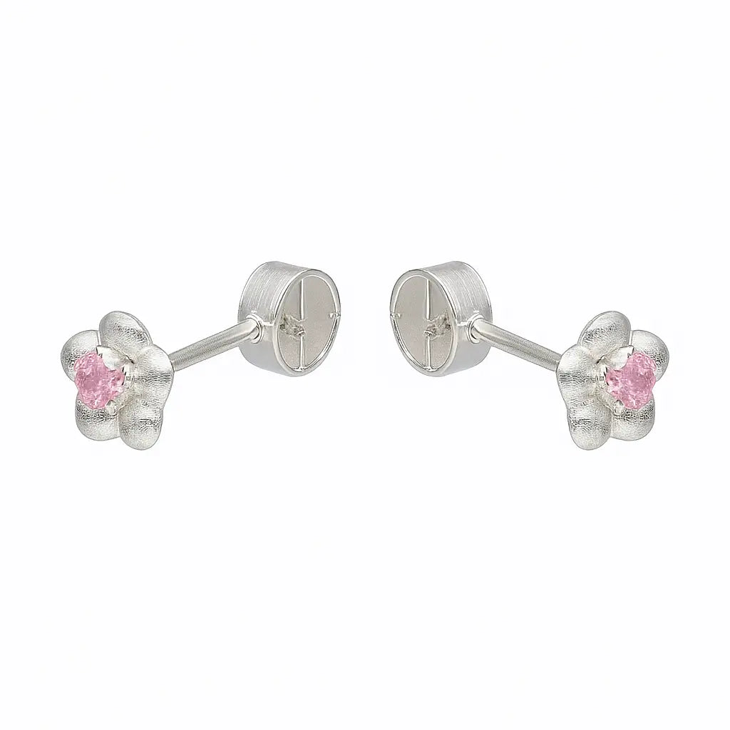 Aros De Bebé Plata Ley 950 De Flor Con Circón Rosa - Aros Desde Bebé – Joyería Infantil en Oro 18k y Plata 925