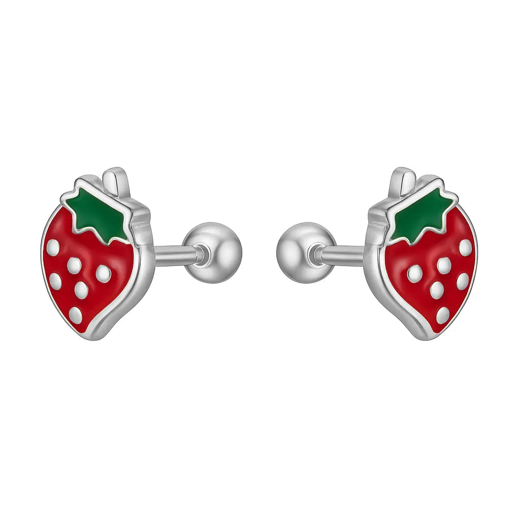 Aros de Plata Para Niña Frutilla Esmaltada - Aros Desde Bebé – Joyería Infantil en Oro 18k y Plata 925