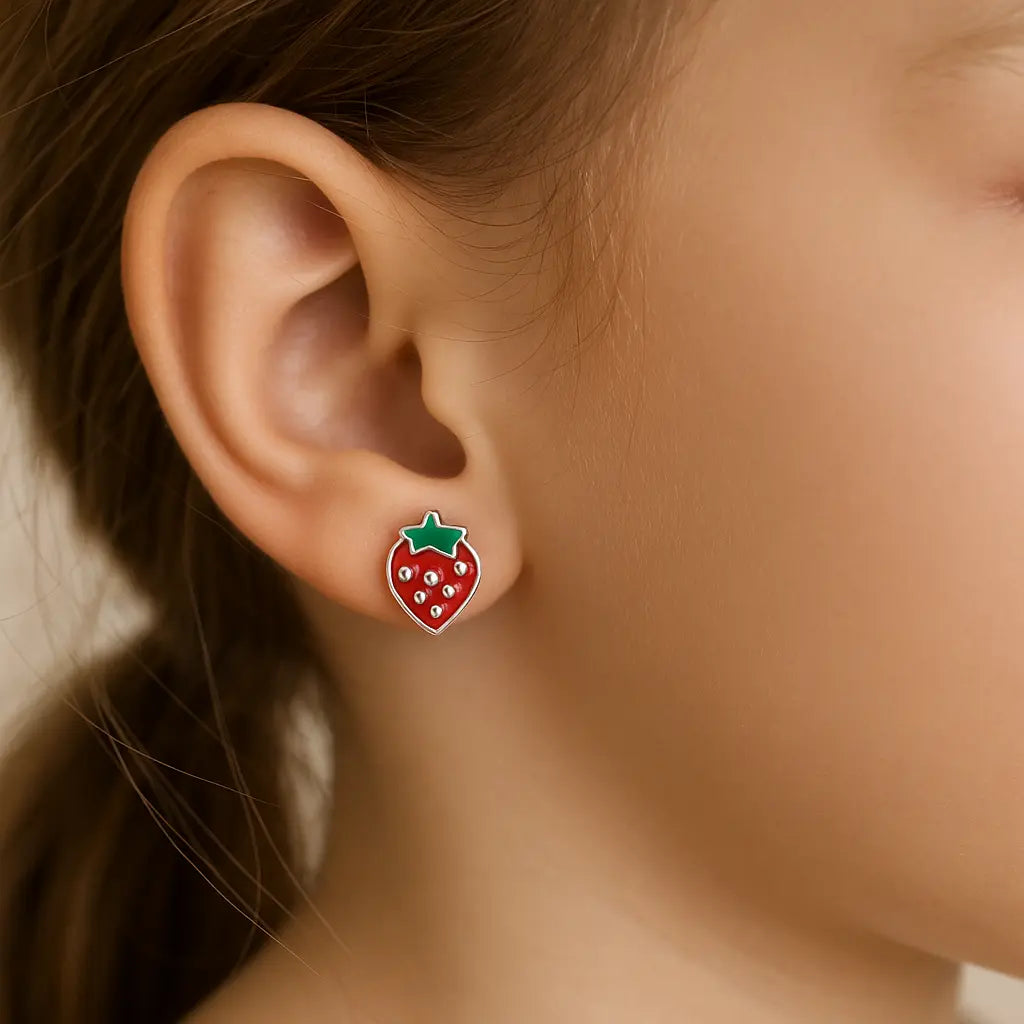 Aros de Plata Para Niña Frutilla Esmaltada - Aros Desde Bebé – Joyería Infantil en Oro 18k y Plata 925