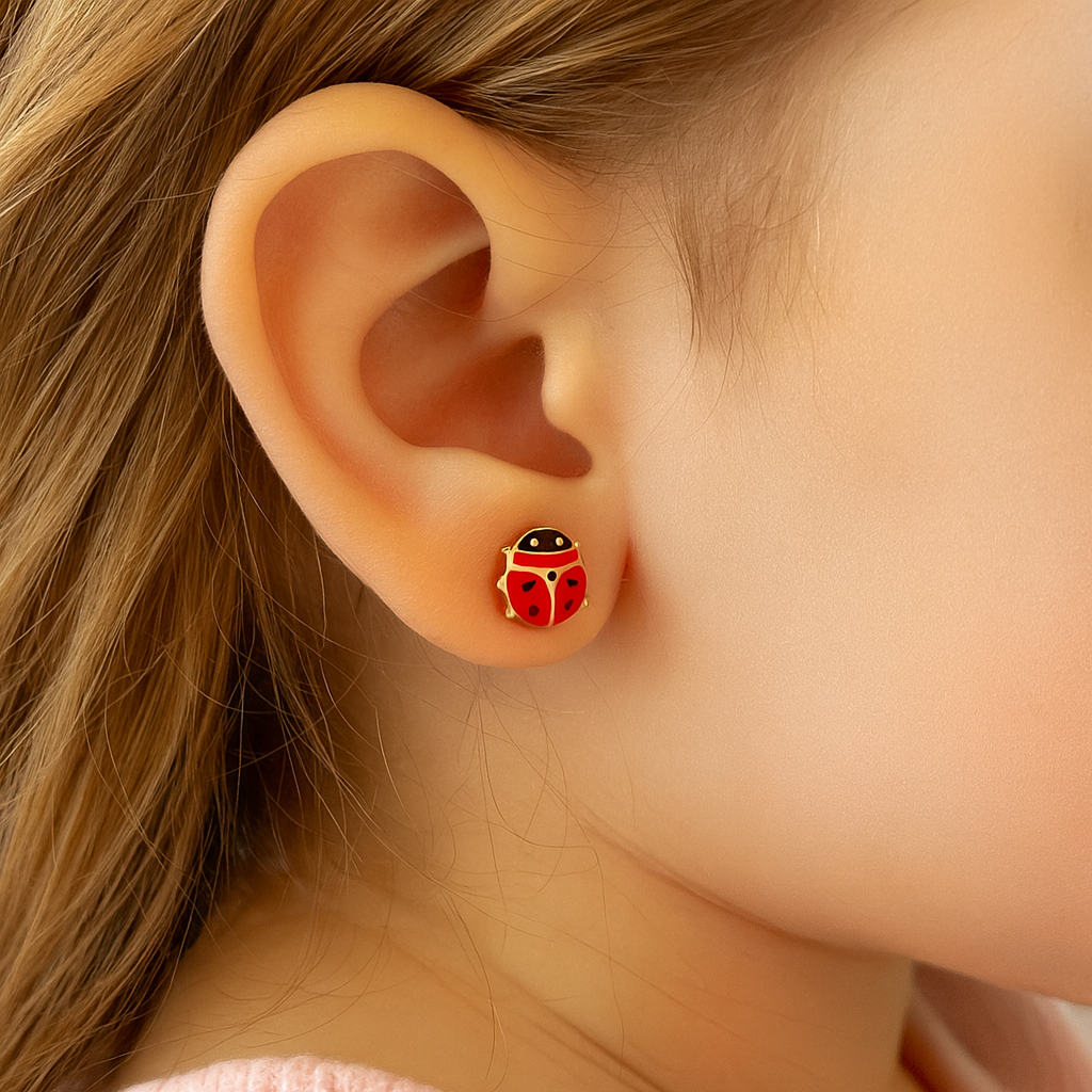 Aros abridores de oro 18K modelo chinita esmaltados rojo y negro 6x5 mm con cierre seguro, para niñas desde 1,5 años