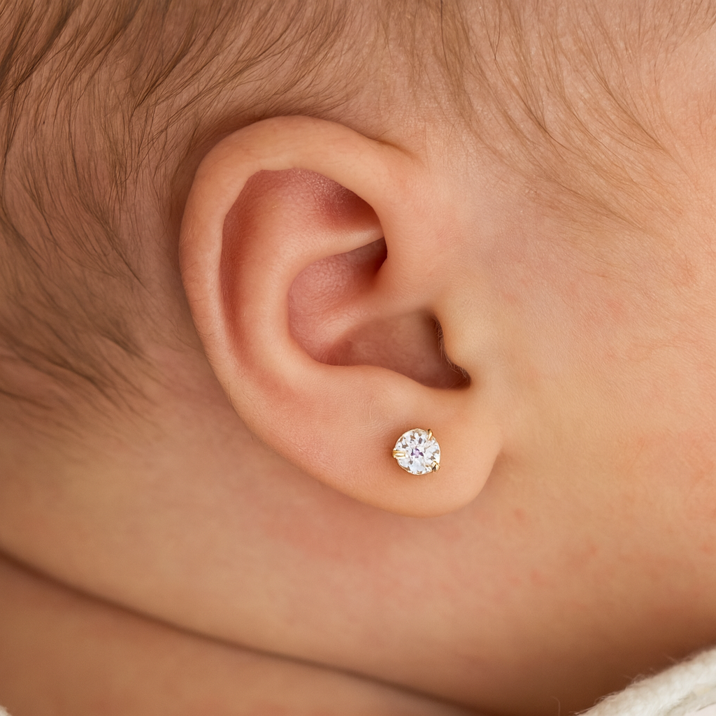 Aros de oro 18K para bebé con circón grifa de 3 mm y tornillo laminado en oro con tope de seguridad, modelo abridor hipoalergénico