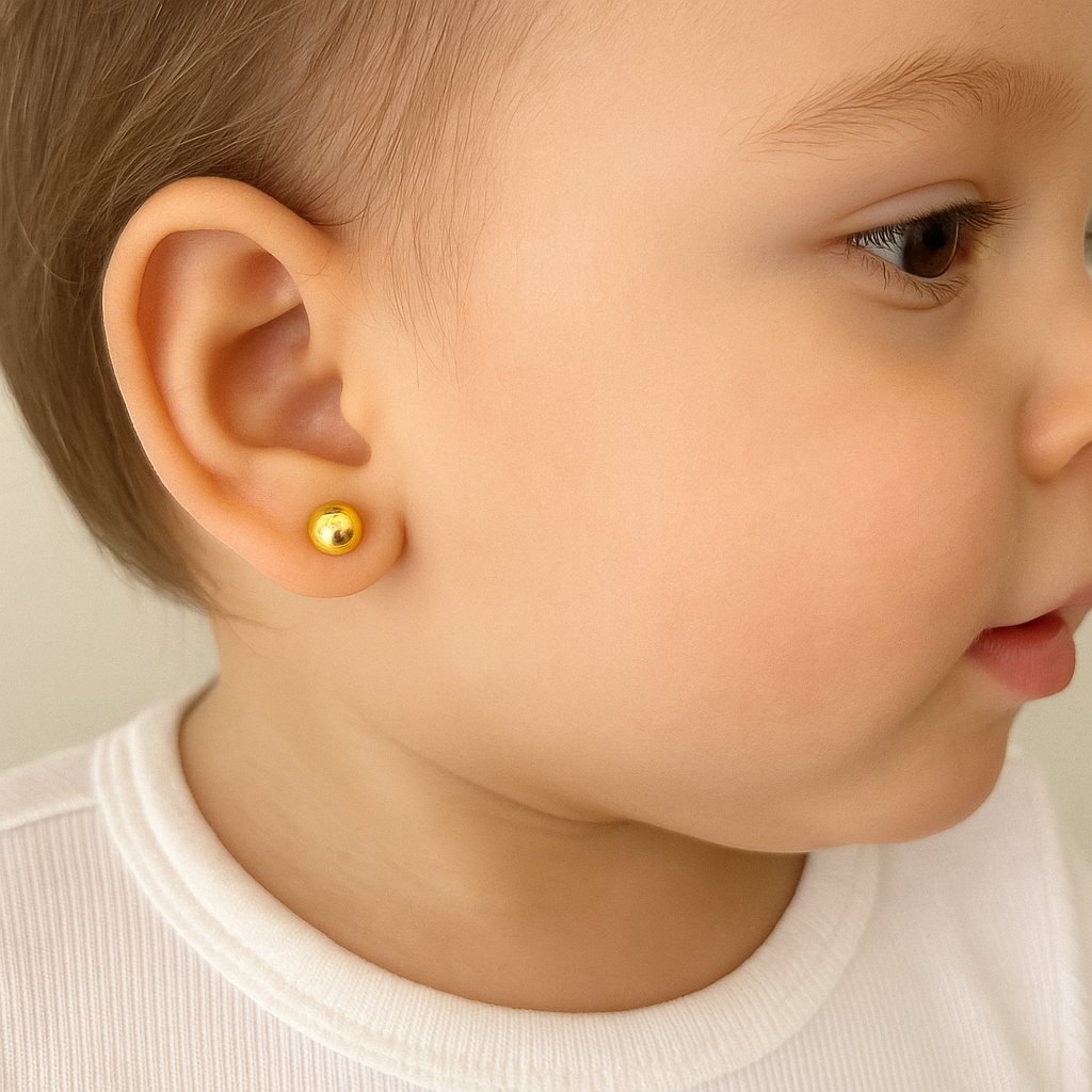Aros bolita lisa de oro 18K para bebé, abridores con cierre a presión con tope, tamaños 3 y 4 mm
