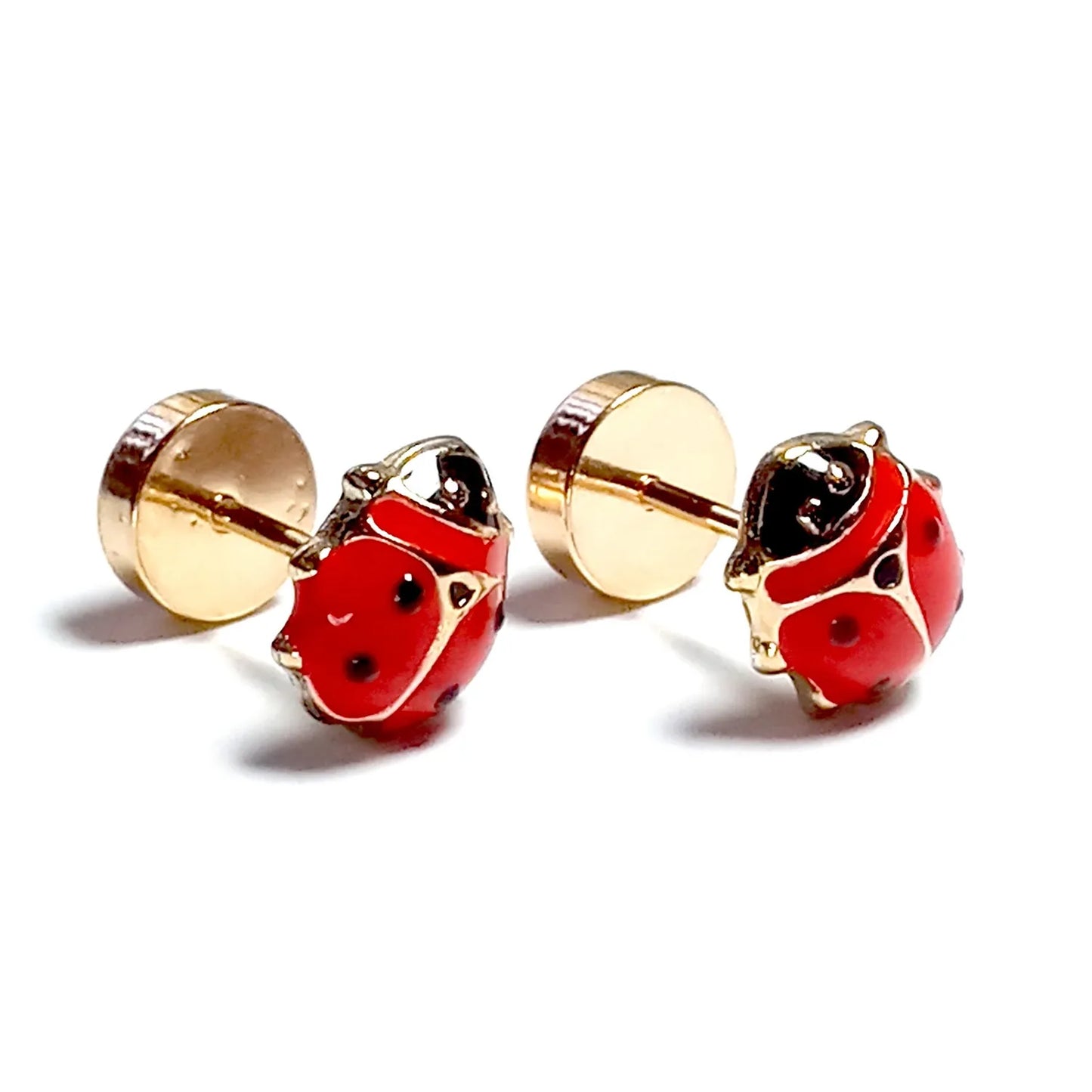 Aros abridores de oro 18K modelo chinita esmaltados rojo y negro 6x5 mm con cierre seguro, para niñas desde 1,5 años
