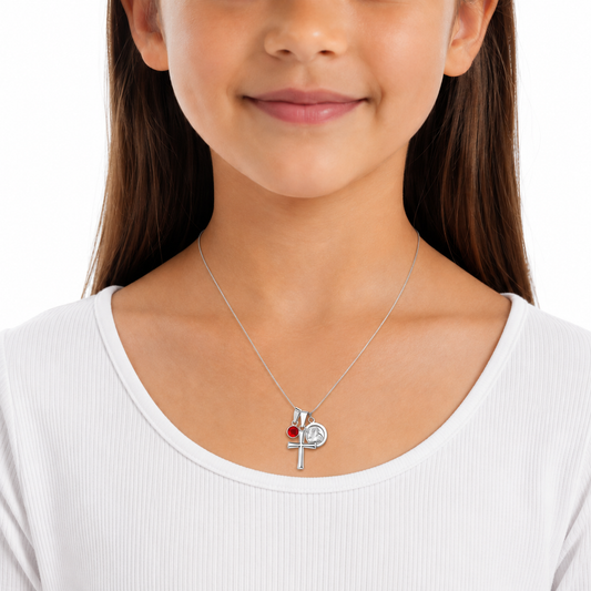 Collar de Plata 925 para Niña con Cruz, San Benito y Cristal Rojo (43 cm)
