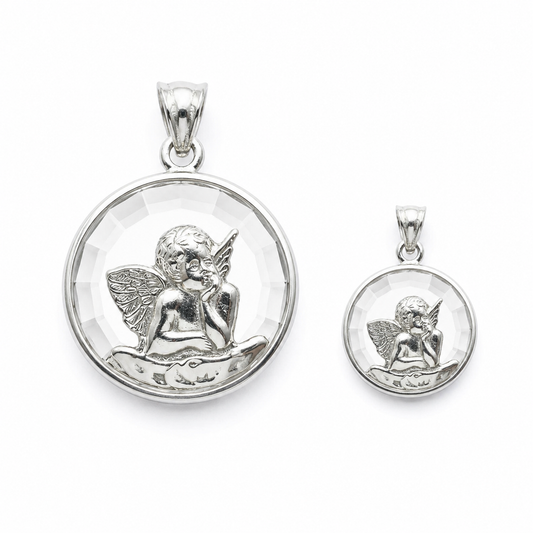 Medalla Ángel de la Guarda en plata ley 900 en tamaños 12mm y 17mm