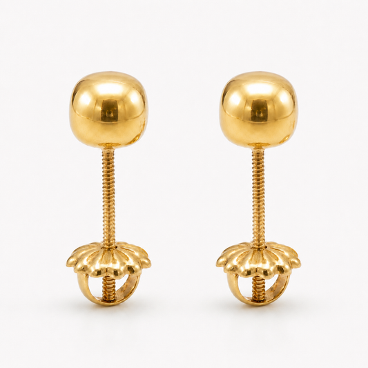 Par de aros de oro 18k bolita 6 mm para niña con tornillo atornillable y mariposa de seguridad
