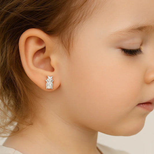Aros de Gatito con Circón para Niña en Plata 925