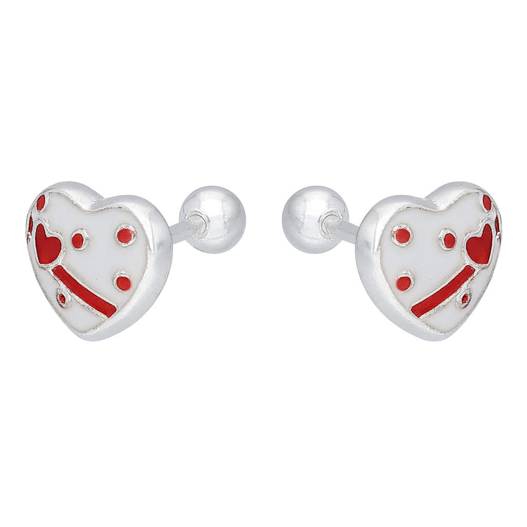 "Par de aros de plata 925 en forma de corazón, esmaltados en blanco con detalles de corazones y puntos rojos."

