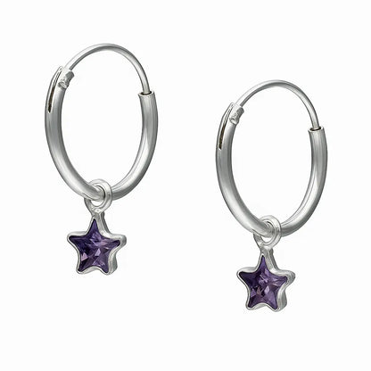 Argolla De Plata Para Niñas Estrella Circón Amatista 12 mm - Aros Desde Bebé – Joyería Infantil en Oro 18k y Plata 925
