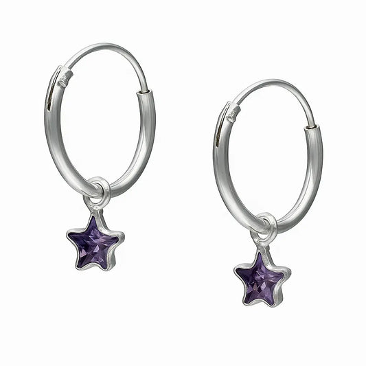 Argolla De Plata Para Niñas Estrella Circón Amatista 12 mm - Aros Desde Bebé – Joyería Infantil en Oro 18k y Plata 925