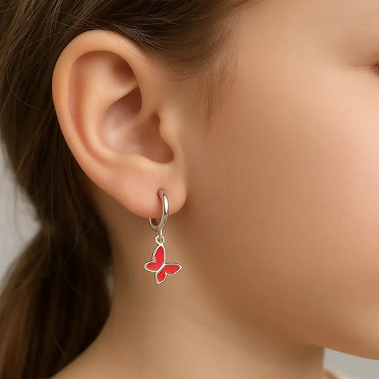 Argollas de Plata 925 para Niña con Mariposa Esmaltada (13mm)
