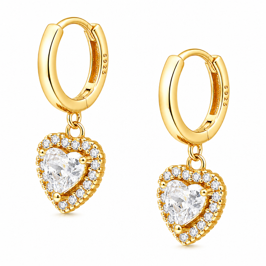 Aros de Argolla con Corazón Plata 925 Baño de Oro para Niñas