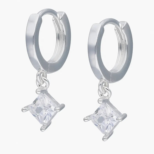Argollas De Plata Para Niñas de 10 mm Con Rombo Circón Colgante - Aros Desde Bebé – Joyería Infantil en Oro 18k y Plata 925