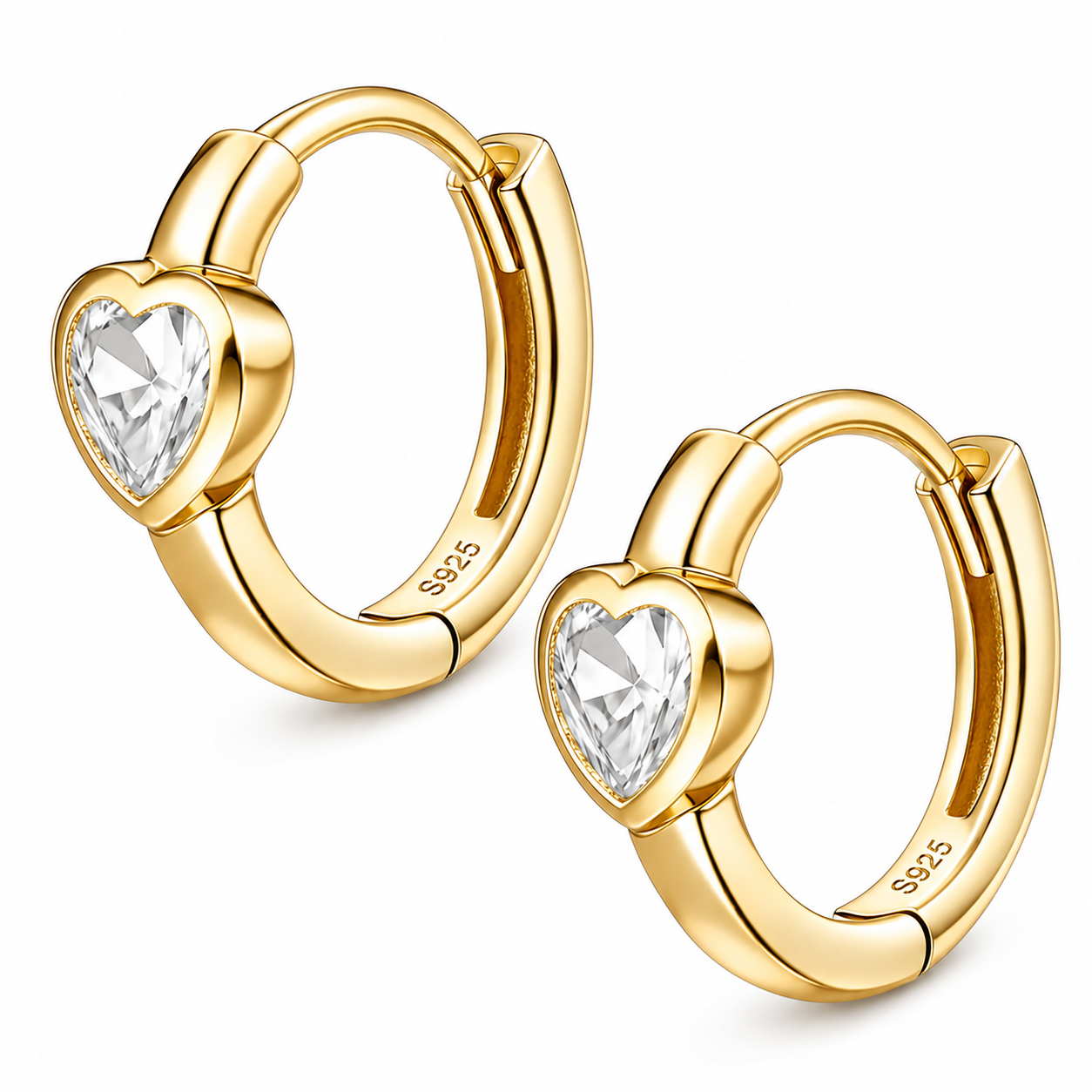 Argollas de corazón con circón en plata ley 925 con baño de oro 18k, vista del par