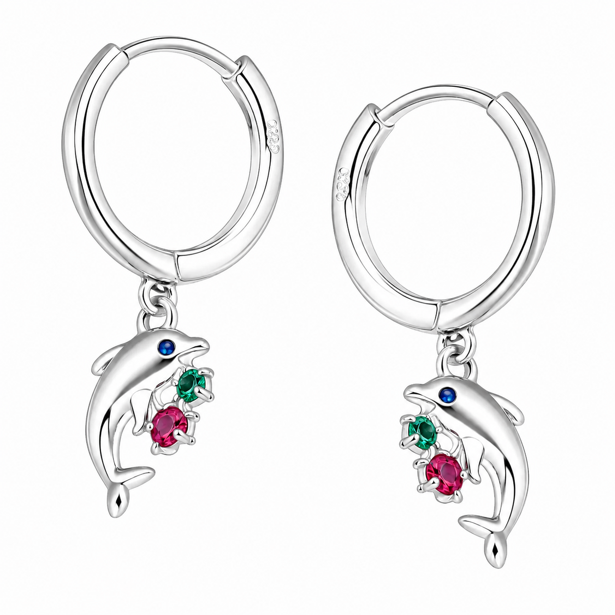 Aros de argolla con dije de delfín en plata ley 925 para niñas