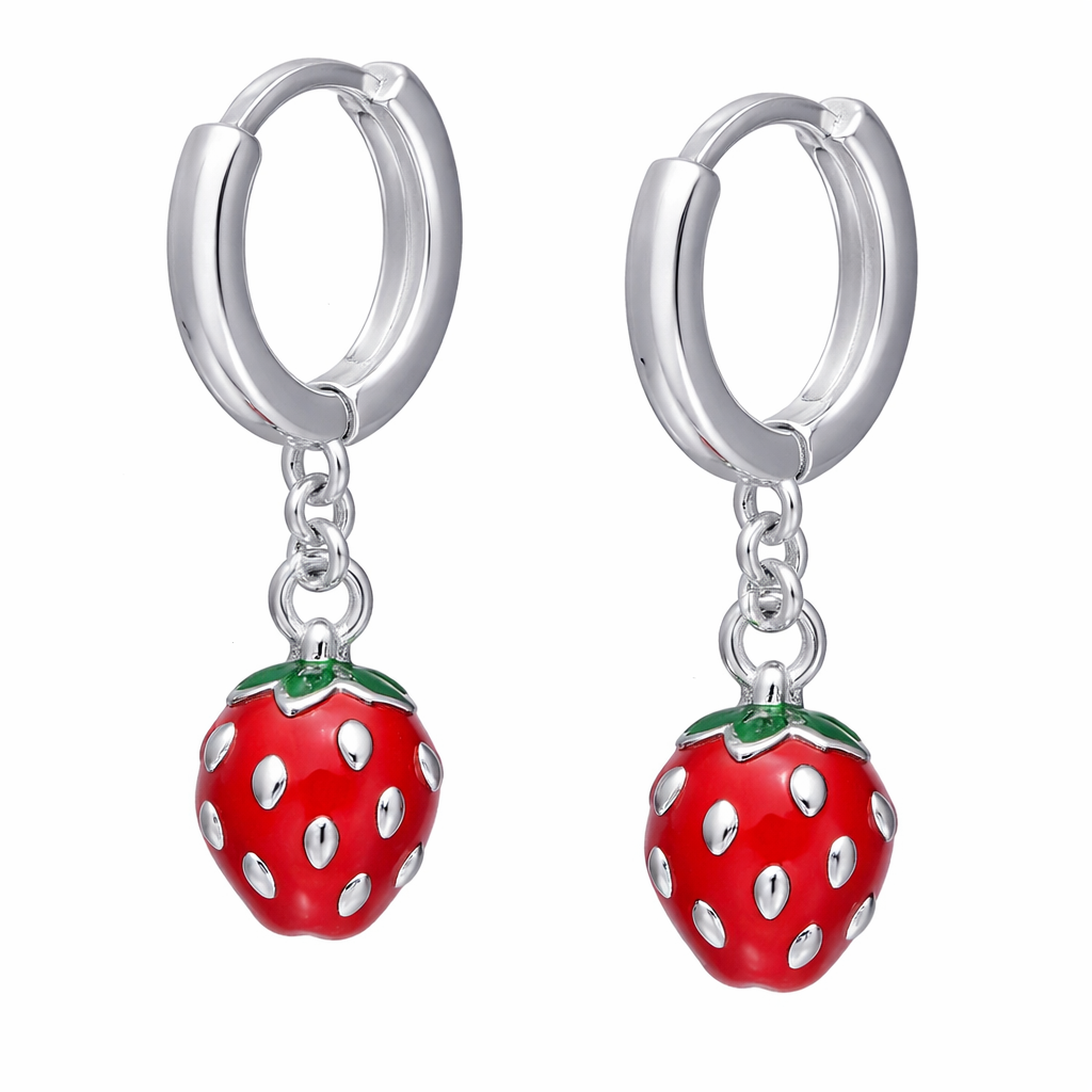 Argollas de Plata Ley 925 con Dije Frutilla Esmaltada para Niña