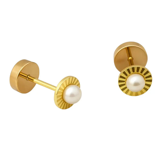 Aros de oro 18K para bebé facetados de 4 mm con perla cultivada de 2 mm, abridores con tornillo a presión con tope