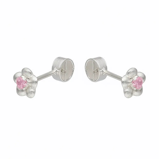 Aros De Bebé Plata Ley 950 De Flor Con Circón Rosa - Aros Desde Bebé – Joyería Infantil en Oro 18k y Plata 925