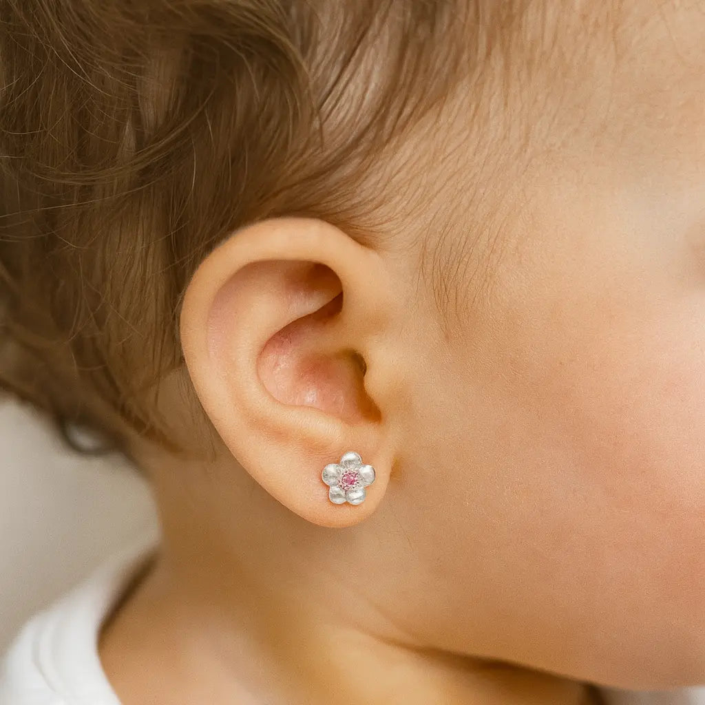 Aros De Bebé Plata Ley 950 De Flor Con Circón Rosa - Aros Desde Bebé – Joyería Infantil en Oro 18k y Plata 925