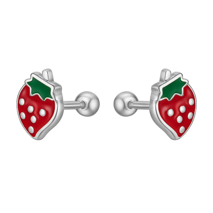 Aros de Plata Para Niña Frutilla Esmaltada - Aros Desde Bebé – Joyería Infantil en Oro 18k y Plata 925
