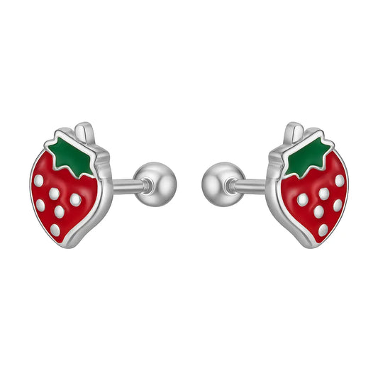 Aros de Plata Para Niña Frutilla Esmaltada - Aros Desde Bebé – Joyería Infantil en Oro 18k y Plata 925