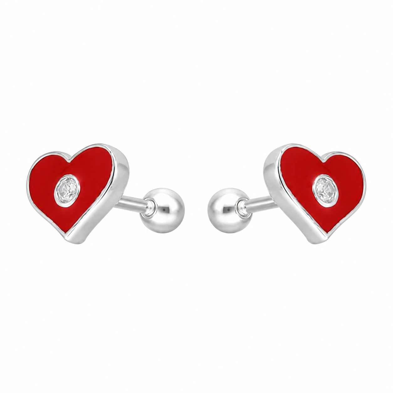 Aros de plata 925 corazón esmaltado rojo con circón para bebé