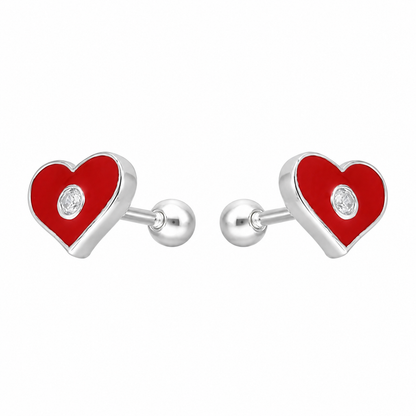 Aros de plata 925 corazón esmaltado rojo con circón para bebé