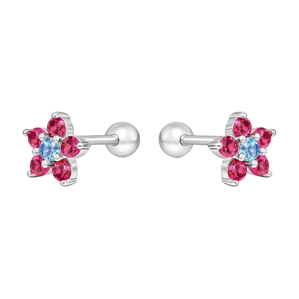 "Aros de plata ley 925 con forma de flor, pétalos de circones fucsias y centro celeste, con tornillo de seguridad de pelotita."
