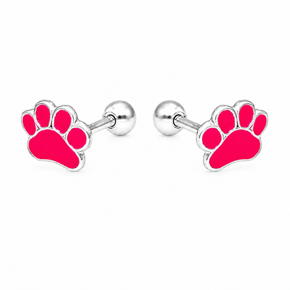Aros de huella de perrito en esmalte fucsia, plata ley 925