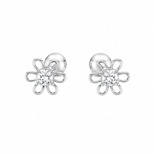 Aros de flor calada con circón central en plata ley 925