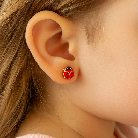 Aros abridores de oro 18K modelo chinita esmaltados rojo y negro 6x5 mm con cierre seguro, para niñas desde 1,5 años