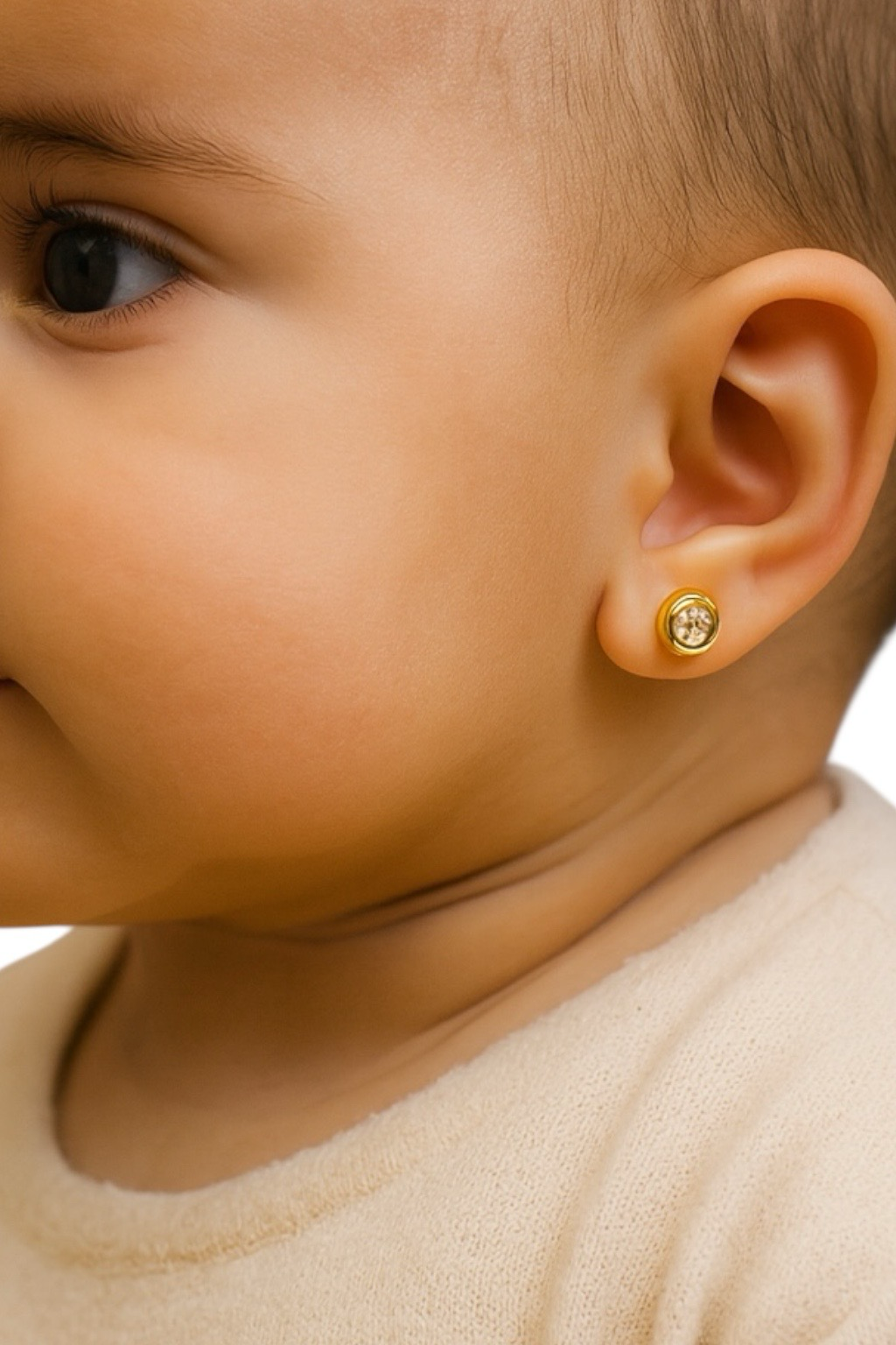Aros de oro 18K para bebé modelo dona con circón 5 mm, abridores con cierre a presión con tope