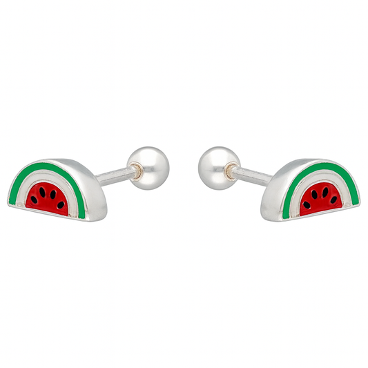 "Par de aros de plata 925 en forma de tajada de sandía, esmaltados en rojo, verde y blanco."