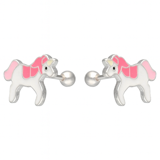 "Par de aros de plata 925 con forma de unicornio, esmaltados en blanco y rosado, con cierre de tope."

