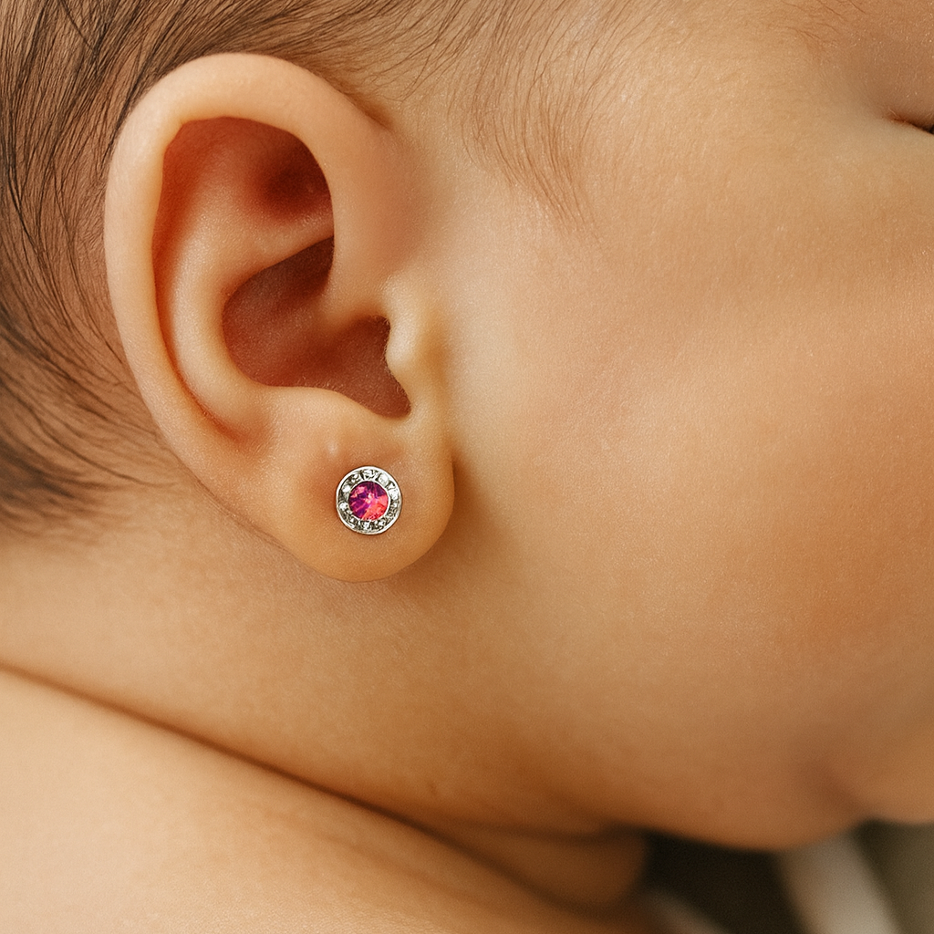 Bebé  usando sus primeros aros abridores de plata con un pequeño y delicado circón rosa que brilla en su oreja.

