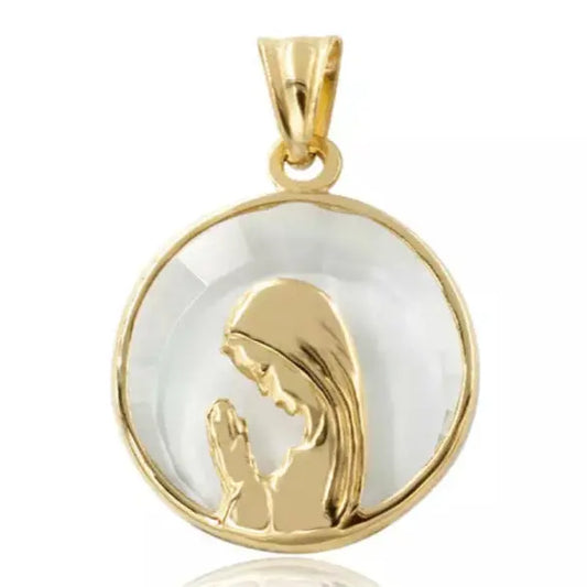 "Medalla de Oro 18k Niña Rezando con Fondo de Cristal"