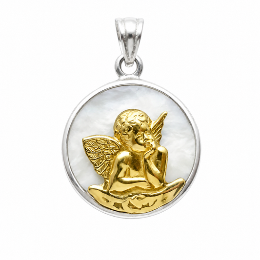 Medalla Ángel de la Guarda en plata bañada en oro 18k sobre fondo de nácar natural 12 mm.