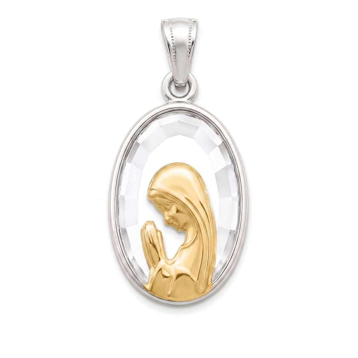 Medalla ovalada de la Virgen Niña rezando bañada en oro 18k con fondo de cristal facetado y marco de plata 23x13 mm.