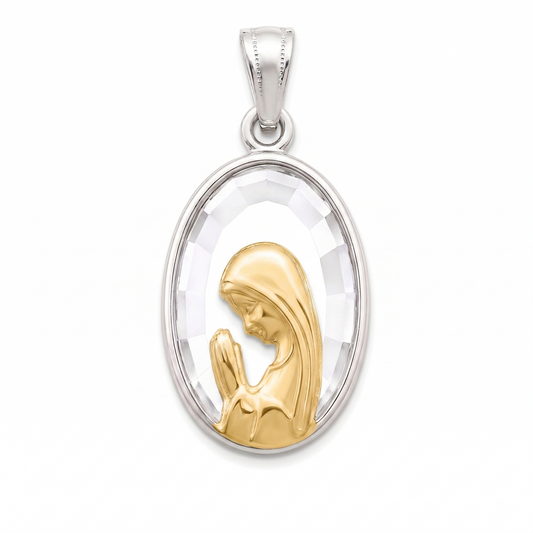 Medalla ovalada de la Virgen Niña rezando bañada en oro 18k con fondo de cristal facetado y marco de plata 23x13 mm.