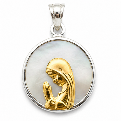Medalla Virgen Niña Plata Bañada en Oro con Nácar 12 mm