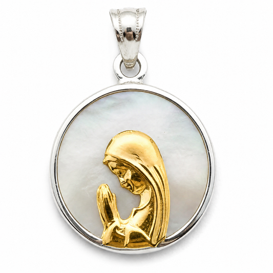 Medalla Virgen Niña Plata Bañada en Oro con Nácar 12 mm
