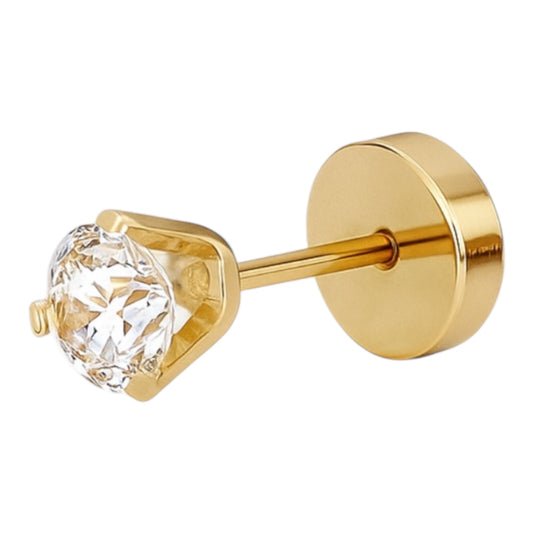 Aros de oro 18K para bebé con circón grifa de 3 mm y tornillo laminado en oro con tope de seguridad, modelo abridor hipoalergénico