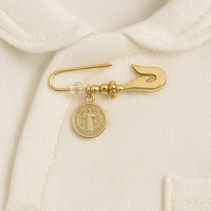 Regalo Para Bebé Prendedor Dorado De Plata Ley 925 San Benito Abad - Aros Desde Bebé – Joyería Infantil en Oro 18k y Plata 925